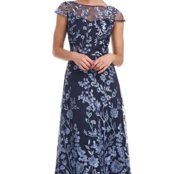 JS Collections Navy Blue Meredith Floral Embroidery A-Line Dress - Picture 1 of 4